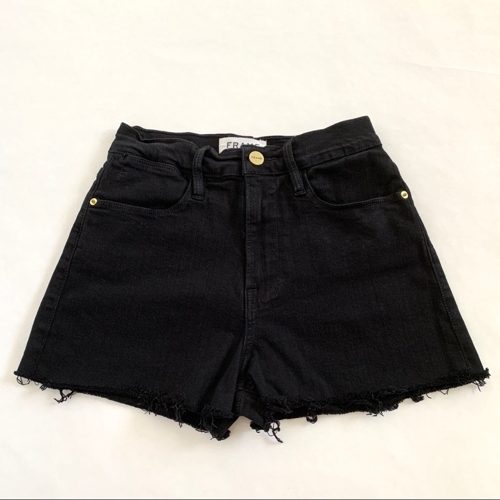 Frame Denim High Rise Distress Black Jean Shorts